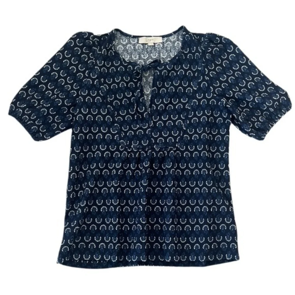 LOFT Navy Blue and White Top Short Puff Sleeve Small Tie Neck